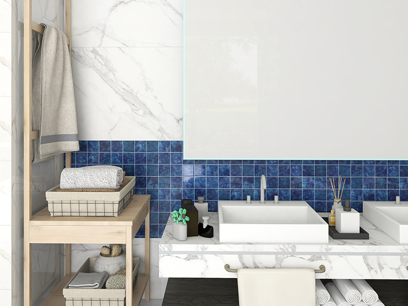 bathroom design with blue ceramic wall tiles