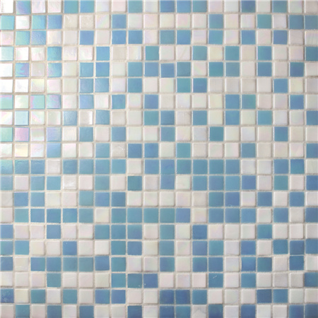 15x15mm Sauqre Hot Melt Glass Iridescent Blue Mixed White BGC019,Pool tile, Pool mosaic, Glass mosaic, Glass mosaic tile backsplash