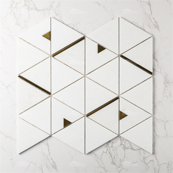 Triangle Waterjet Marble Thassos White Gold Brass ZOJ5201,marble mosaic tile, marble mosiacs, triangle marble mosaic tile