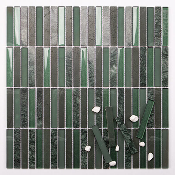 Finger Kit Kat Waterjet Marble Mix Glass Dark Green MZON3701,marble mosaic tile, glass marble mosaic tile, green kit kat tiles